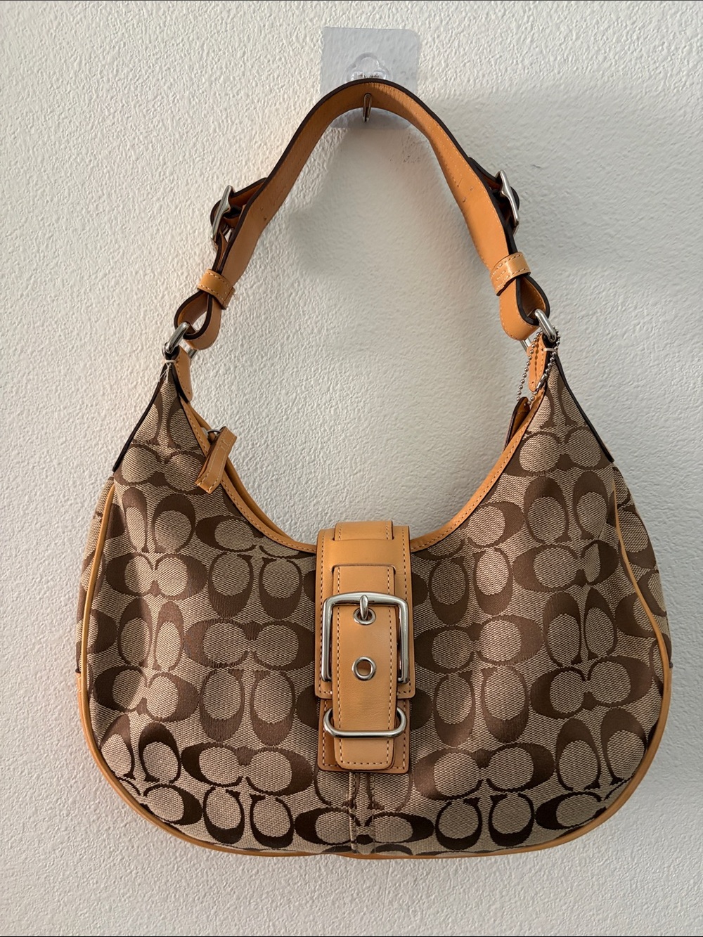 Y2K Vintage Coach Brown Signature Canvas Shoulder Hobo with Tan Trim